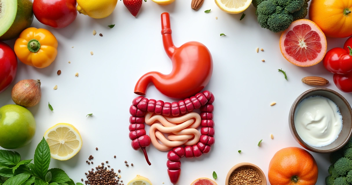 Composição de alimentos saudáveis para o intestino ao redor de uma ilustração do trato digestivo humano 