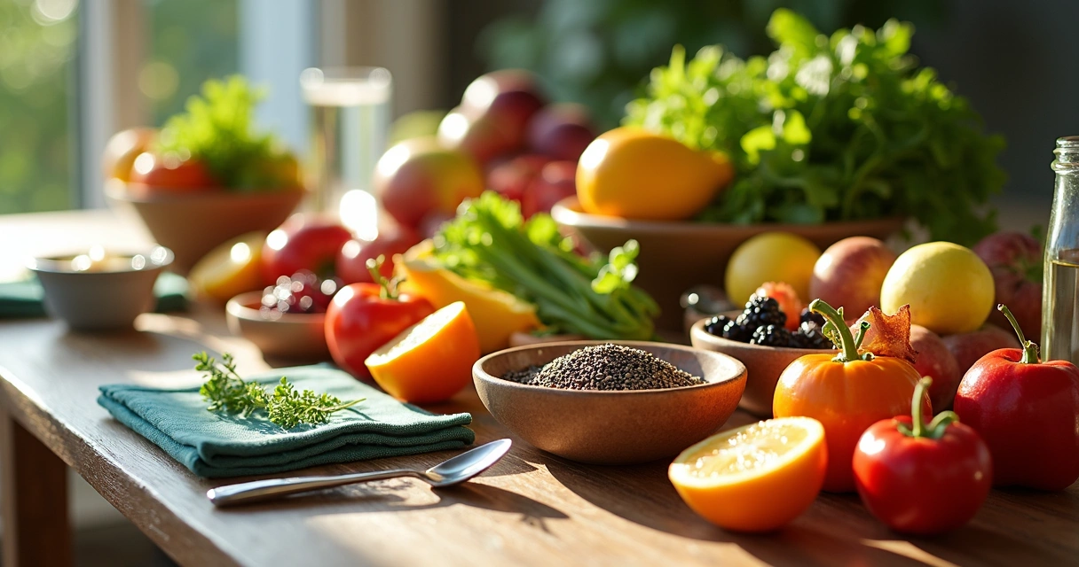 Frutas, vegetais, sementes chia e linhaça dispostos em tigelas na mesa