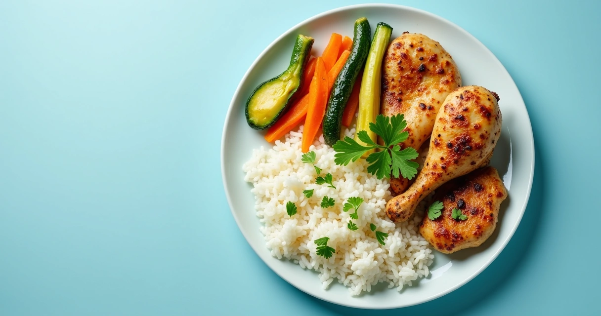 Prato colorido com alimentos permitidos em dieta low-FODMAP, como arroz, frango grelhado e legumes cozidos sem fermentação. 