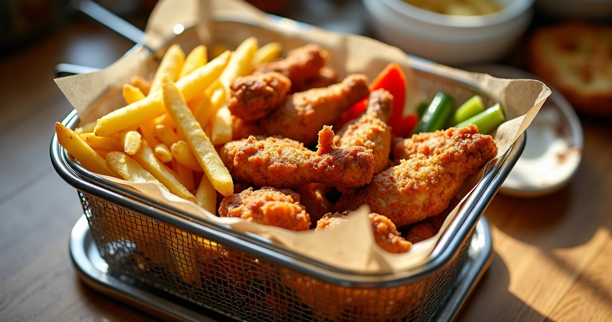 Diferentes alimentos prontos na cesta da fritadeira elétrica 