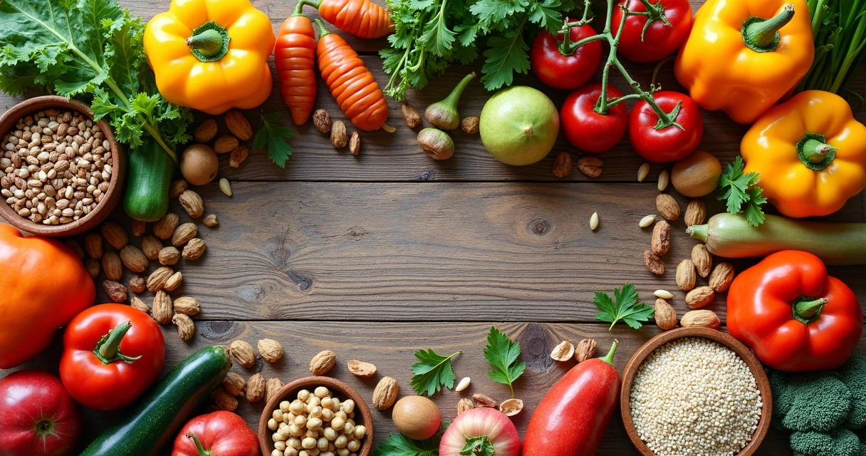 Mesa com diferentes alimentos naturais frescos 