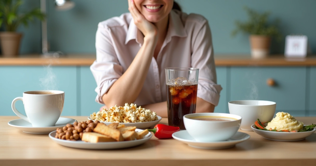 Mesa com alimentos proibidos e permitidos após implante dentário em destaque 