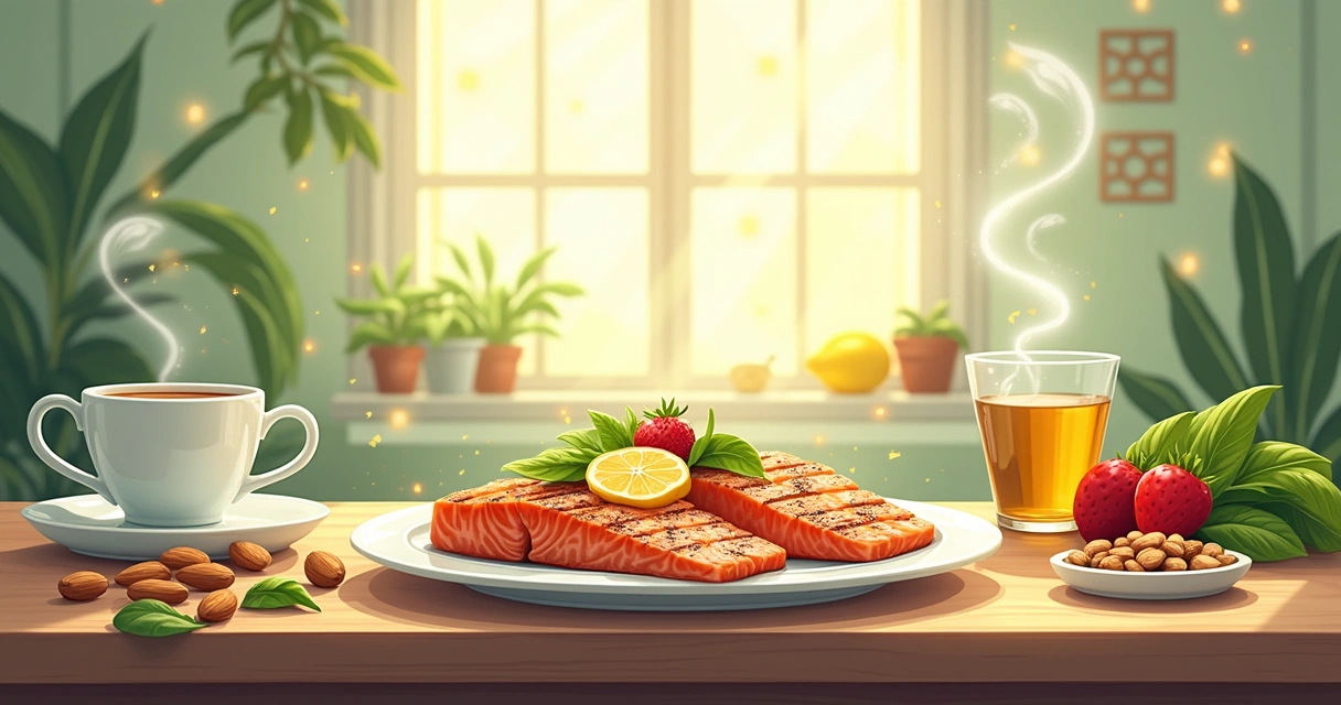 Cena de uma cozinha vibrante com alimentos saudáveis para o cérebro, como salmão, frutas e nozes.