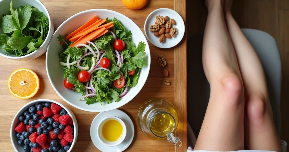 Mesa com alimentos saudáveis que ajudam a prevenir varizes nas pernas 