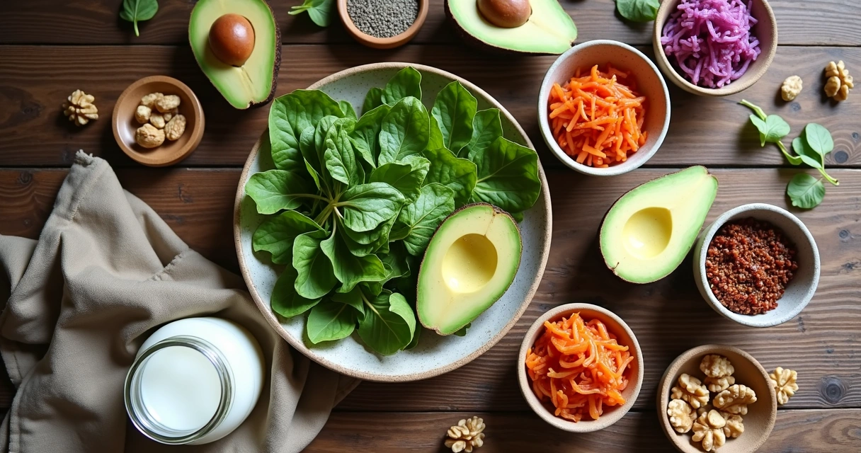 Variedade de alimentos funcionais coloridos em mesa de madeira