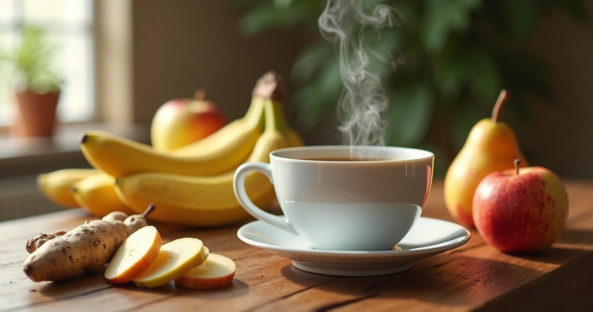 Café em xícara, gengibre fresco e frutas variadas em mesa de madeira 