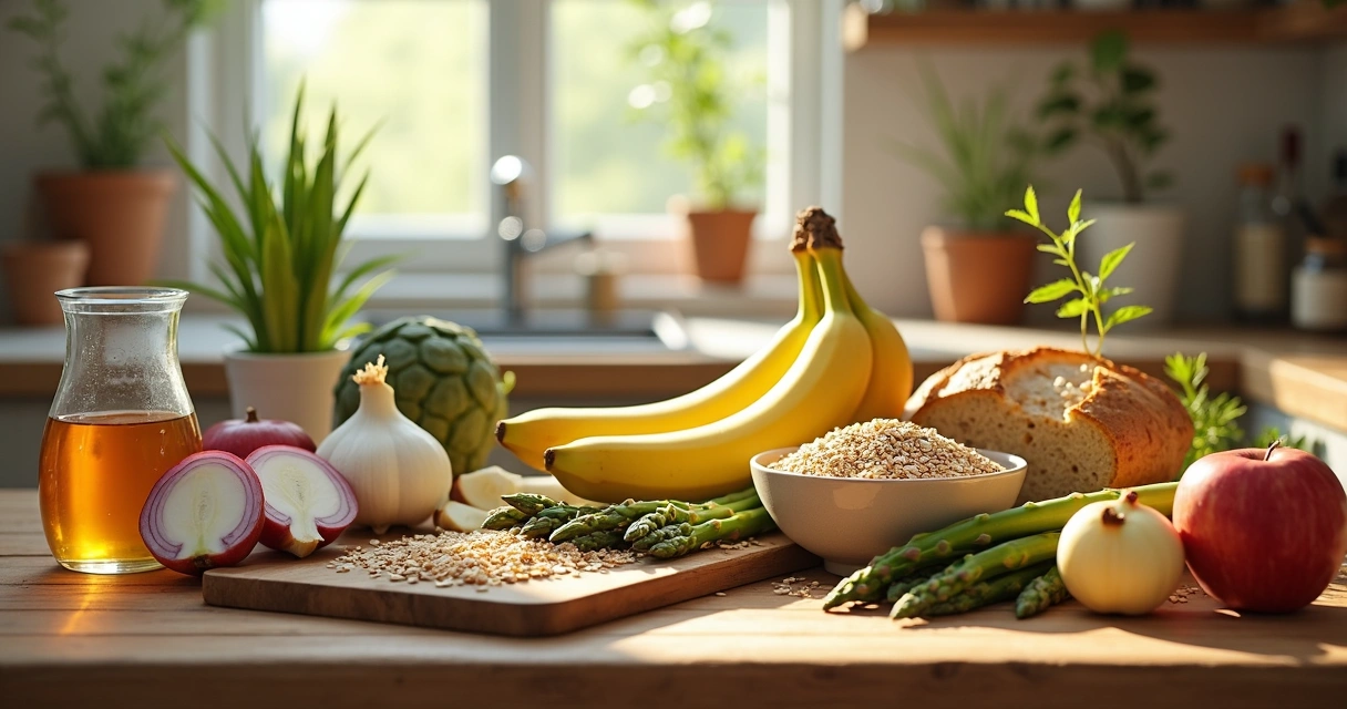 Alimentos naturais ricos em fibras prebióticas sobre uma mesa 