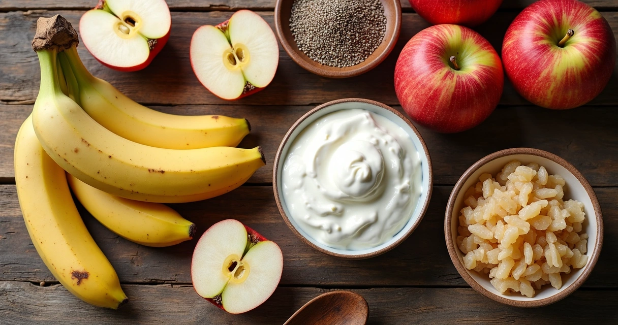Frutas, legumes, iogurte e sementes sobre uma mesa de madeira. 
