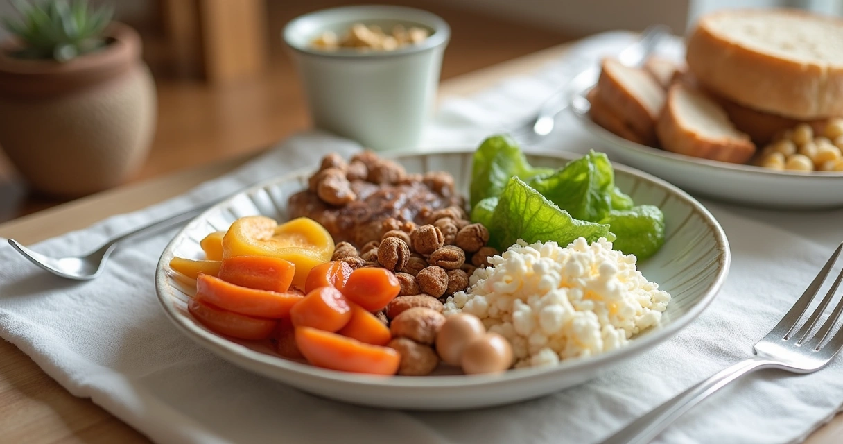 Prótese flexível removível ao lado de prato com alimentos duros e pegajosos separados por símbolo de alerta 