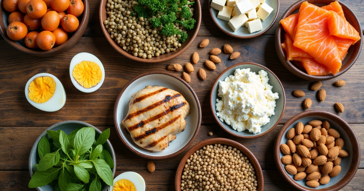 Vista superior de alimentos ricos em proteína organizados em uma mesa 