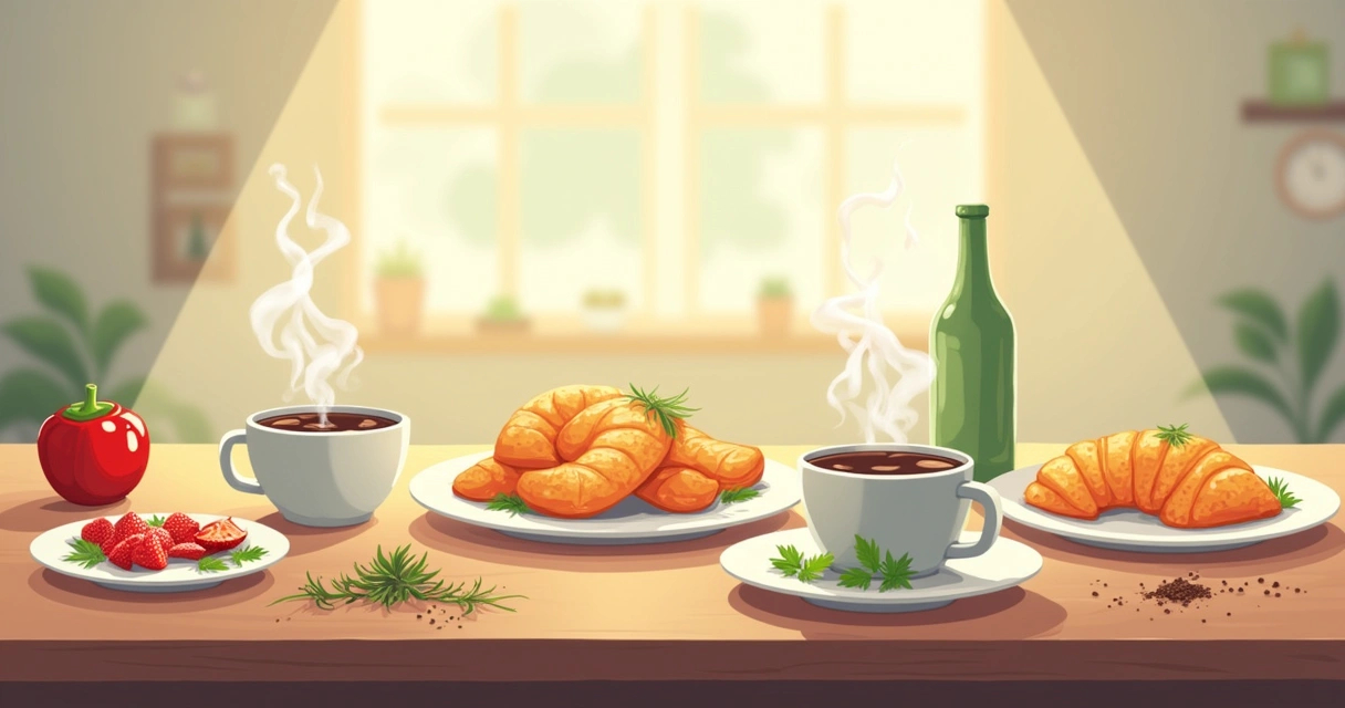 Mesa de cozinha com pimenta, gengibre, chá verde, café e proteínas magras exibidos harmoniosamente.