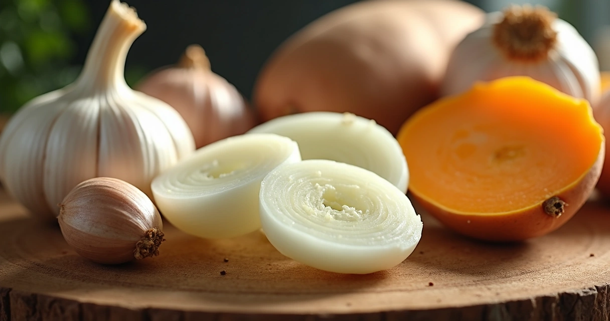 Alimentos conhecidos por causar mau hálito, como alho, cebola e batata-doce, expostos em uma mesa clara.