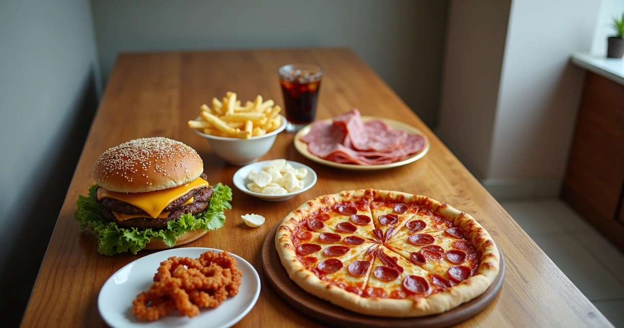 Mesa com alimentos gordurosos e salgados ao lado de veias das pernas destacadas 