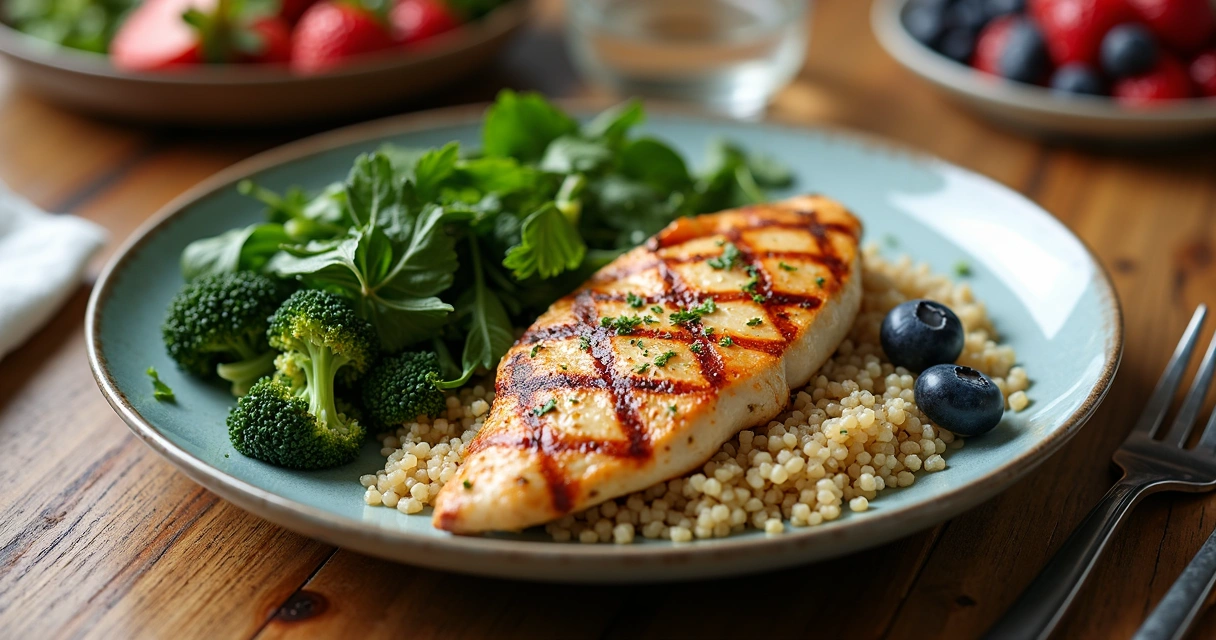 Prato com alimentos ricos em proteína, vegetais verdes e frutas vermelhas 