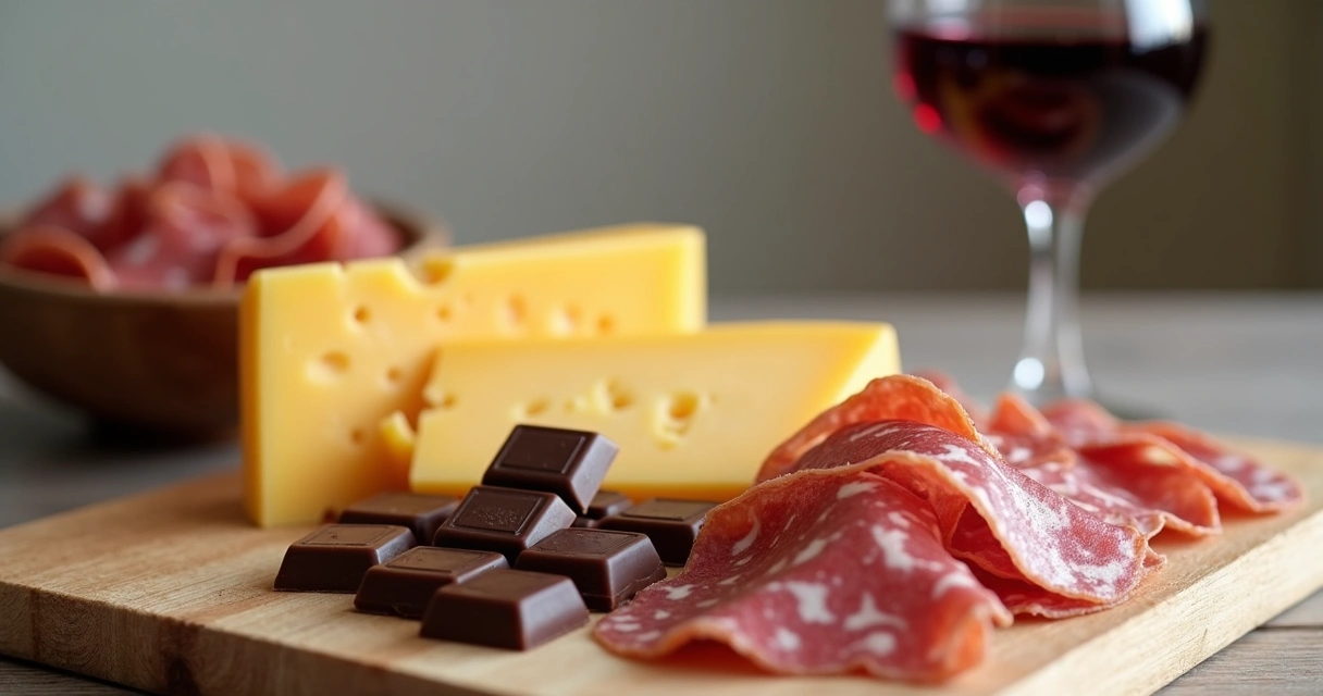 Alimentos comuns em uma mesa associados à dor de cabeça como chocolate, queijos e vinho 