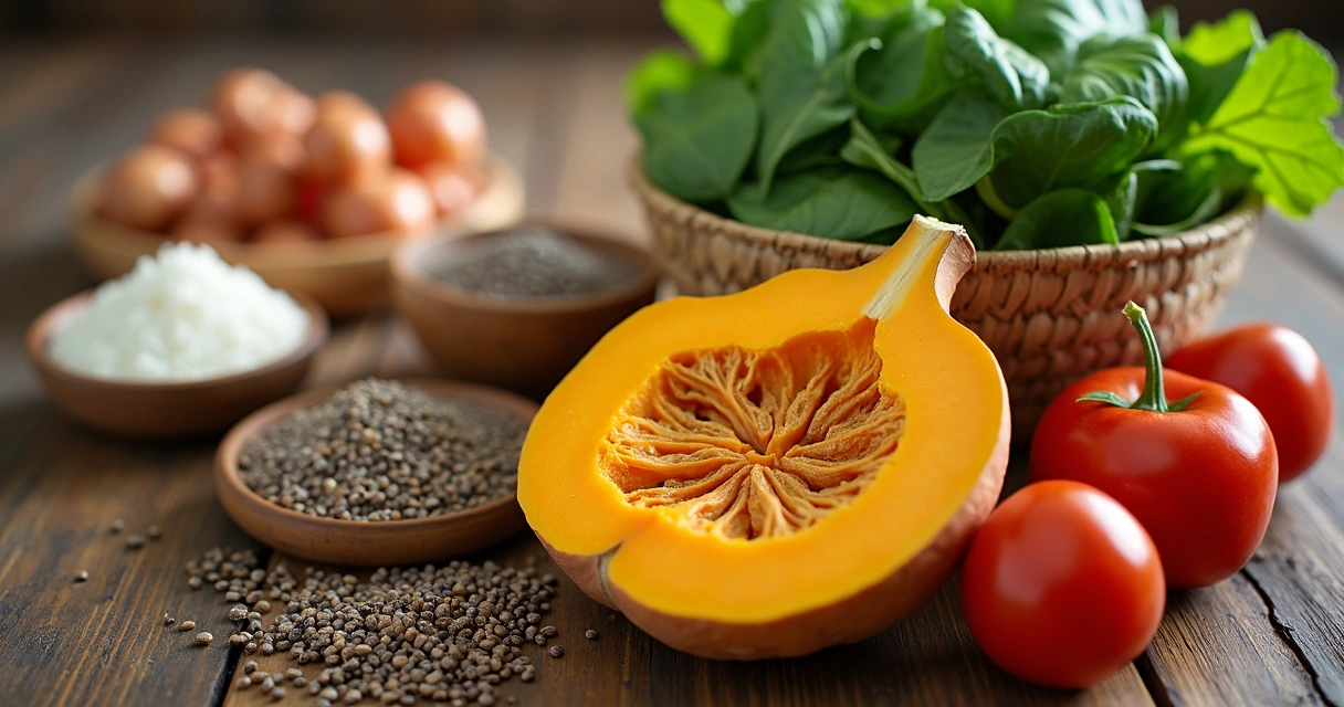 Diversos alimentos saudáveis, incluindo abóbora, chia e espinafre, sobre um fundo de madeira 