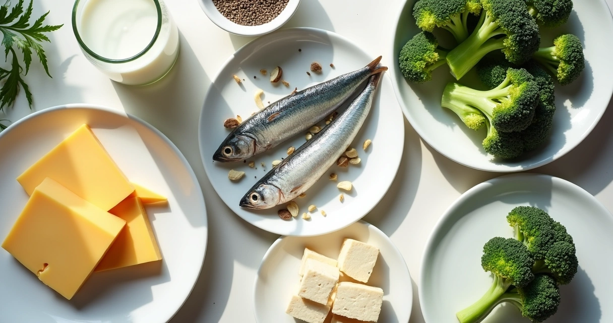 Alimentos como leite, brócolis e sardinha em mesa clara 