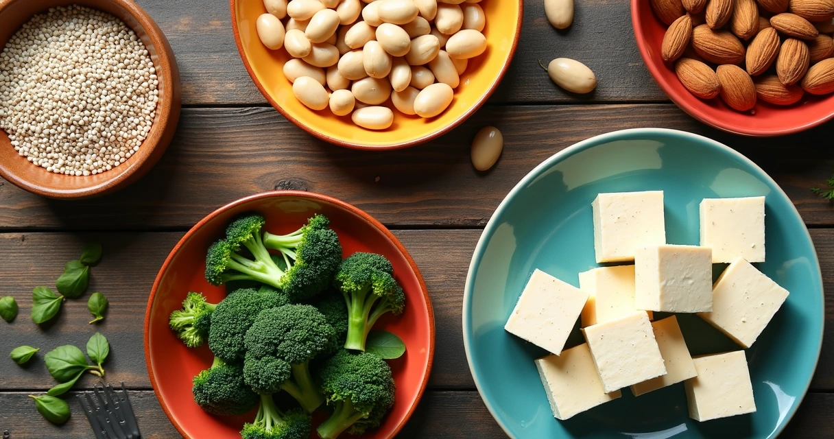 Mesa com alimentos ricos em cálcio como gergelim, chia, amêndoas, feijão branco, couve, brócolis e tofu organizados em recipientes e pratos coloridos 