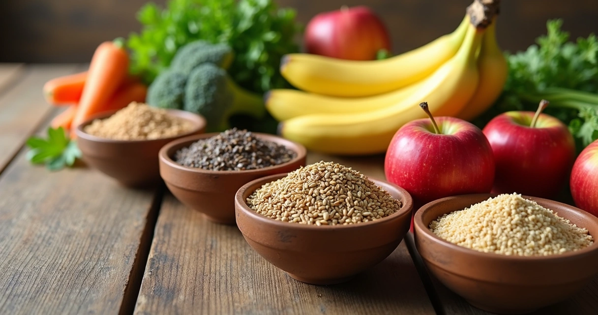 Frutas, cereais, vegetais e sementes expostos em pratos sobre uma mesa de madeira 