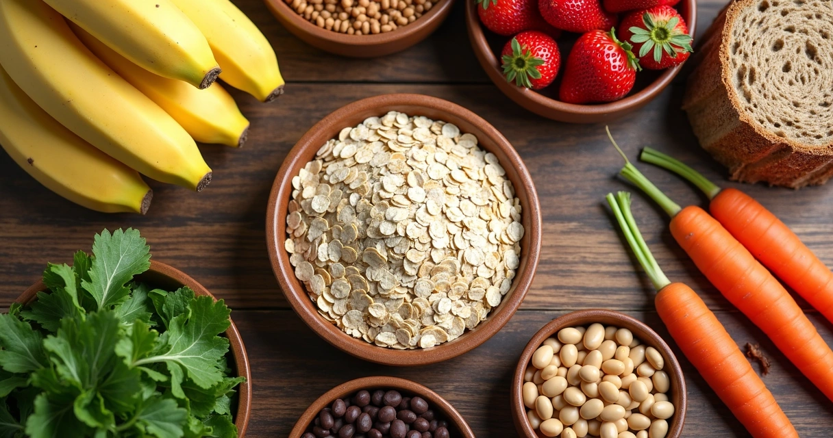 Mesa com alimentos ricos em fibras. 