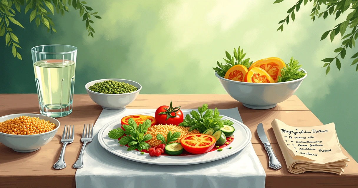 Mesa com alimentos ricos em magnésio: espinafre, castanhas, arroz e lentilhas em pratos coloridos.