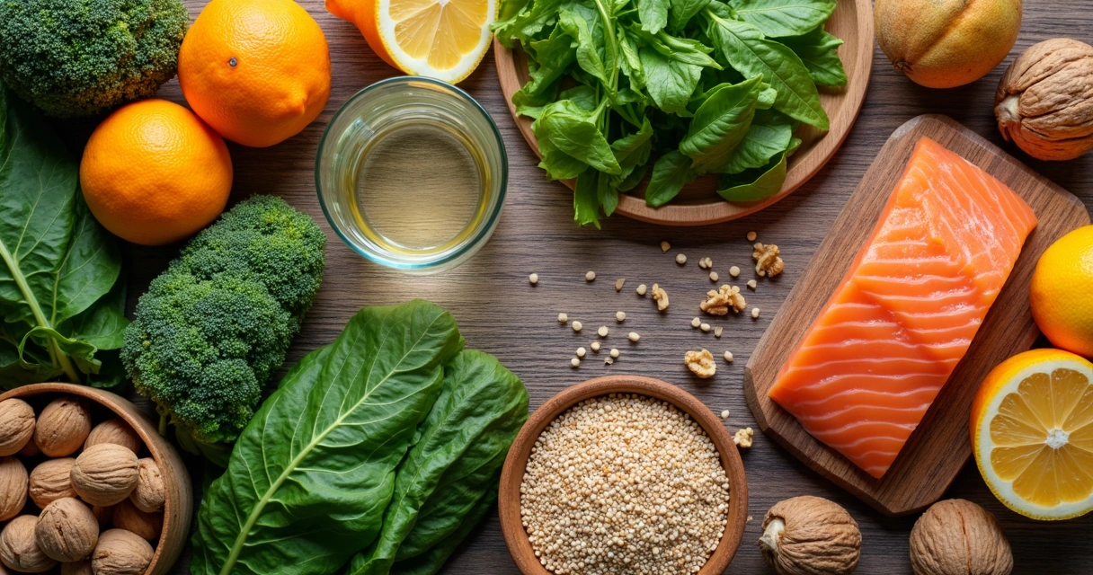 Alimentos coloridos ricos em nutrientes sobre uma mesa de madeira clara 