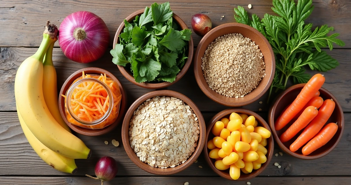 Variedade de alimentos ricos em fibras e probióticos naturais na mesa 