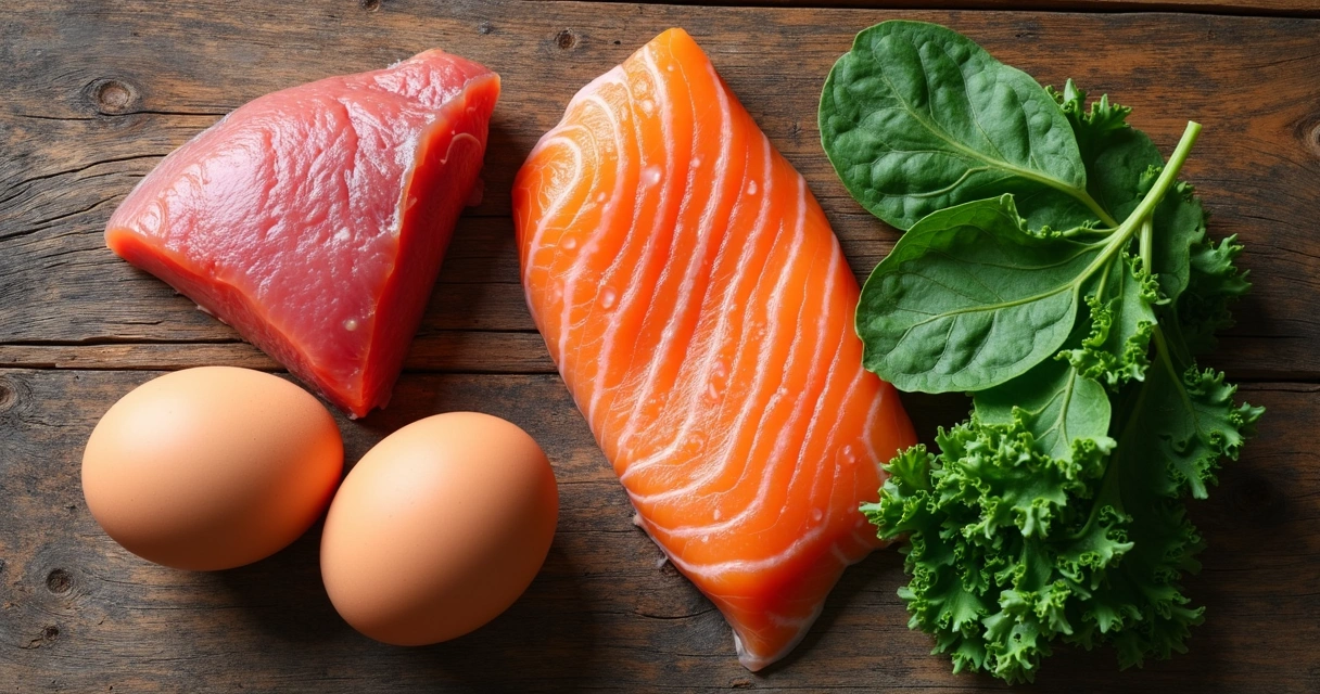 Peixes, ovos e vegetais de folhas verdes agrupados em uma mesa 