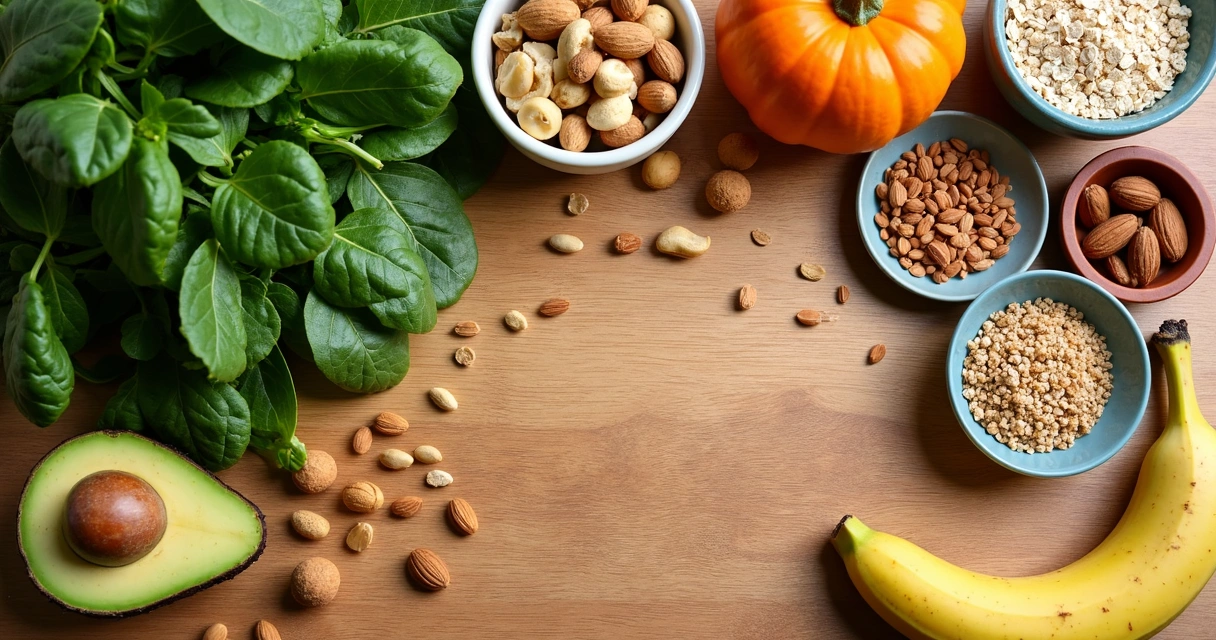 Variedade de alimentos naturais ricos em magnésio, como folhas verdes, sementes e castanhas sobre bancada clara 