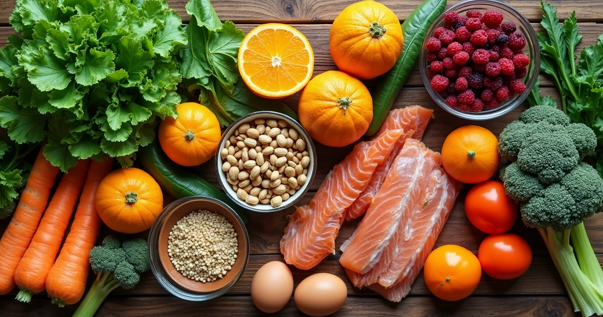 Diferentes alimentos ricos em vitaminas organizados em uma mesa de madeira 