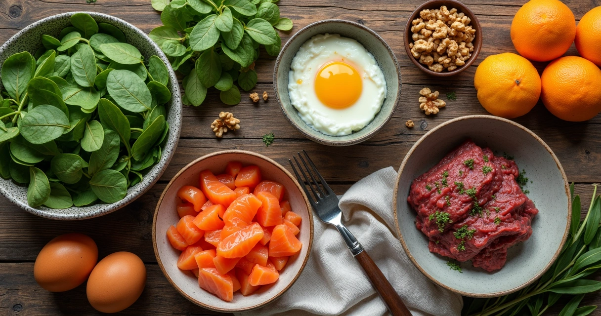 Mesa com alimentos ricos em vitaminas e minerais 