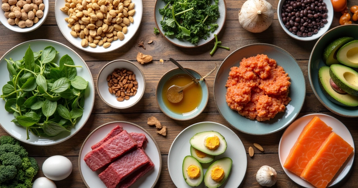 Pratos com alimentos ricos em zinco, magnésio, vitamina D e gorduras saudáveis. 