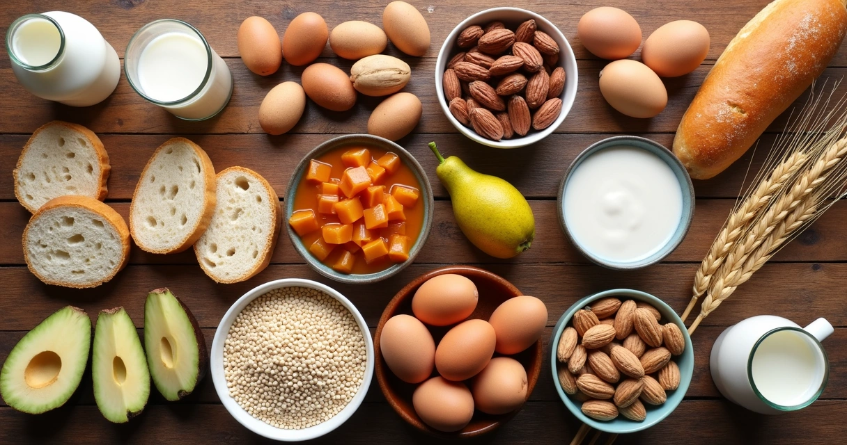 Tipos variados de alimentos organizados em mesa de madeira, incluindo pão, leite, ovos, castanhas e trigo 