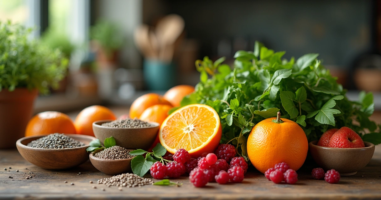 Frutas, vegetais e sementes frescas dispostos sobre uma bancada de cozinha colorida. 