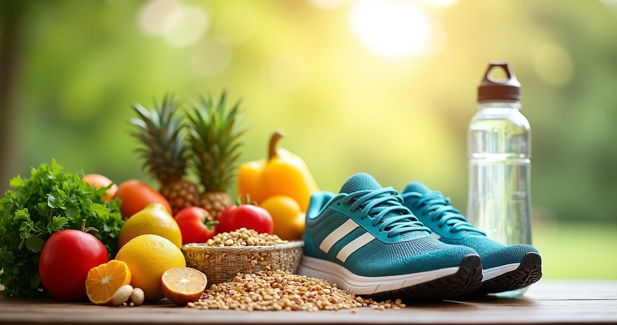 Alimentos saudáveis e tênis simbolizando dieta e exercício 