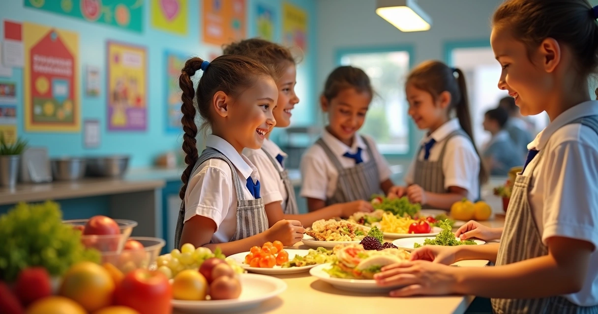 Cantina escolar com lanches saudáveis organizados no balcão 