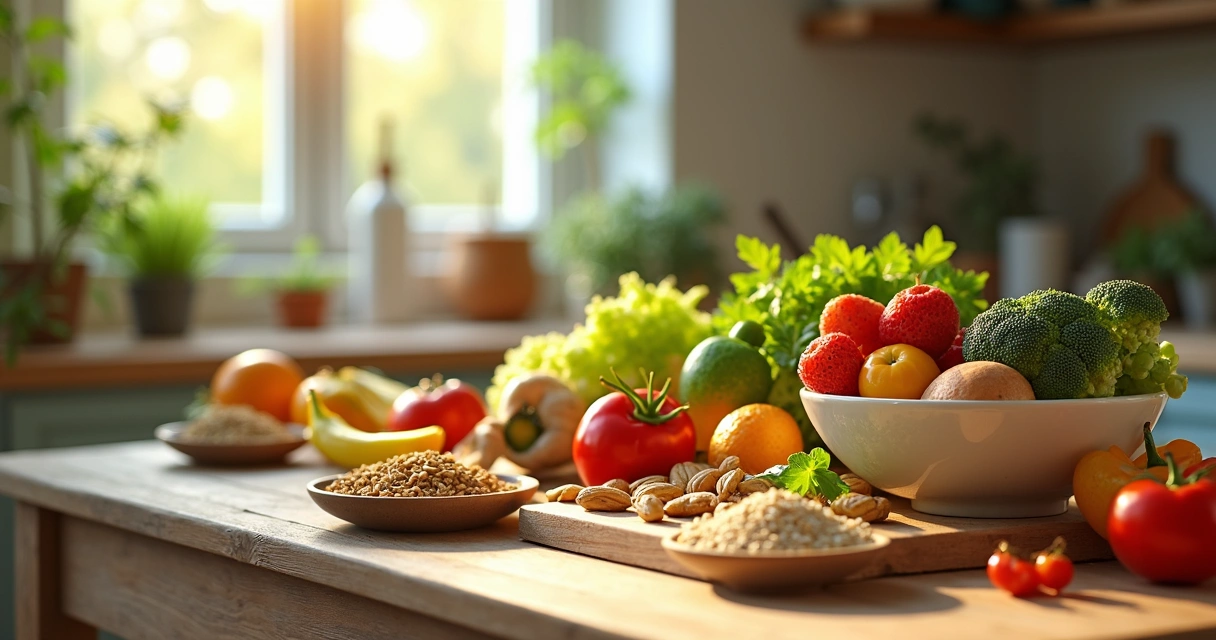 Alimentos saudáveis como frutas e vegetais variados em uma mesa colorida 