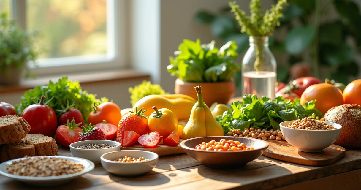 Legumes, frutas, e cereais organizados em mesa de madeira clara