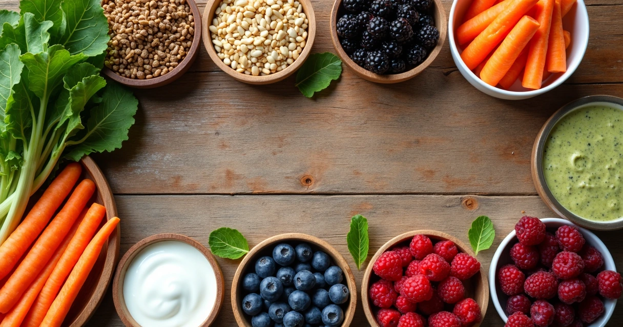 Alimentos variados ricos em fibras dispostos em uma mesa de madeira