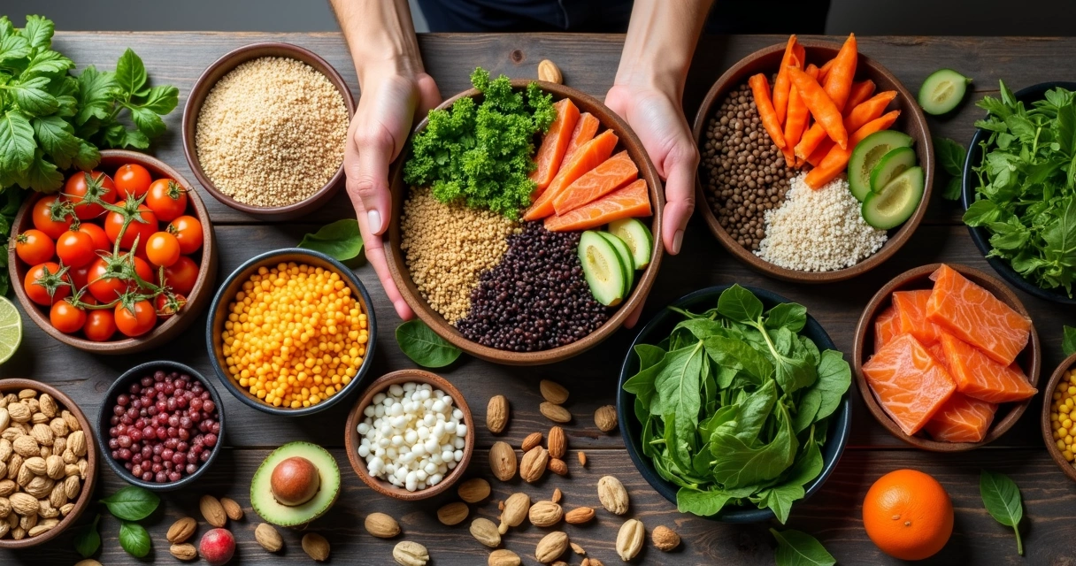 Alimentos variados e saudáveis em uma mesa 