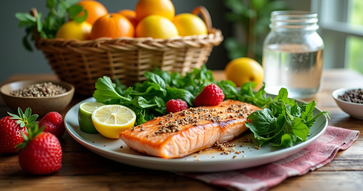 Cesta com frutas cítricas, peixes, folhas verdes e sementes em mesa de madeira. 