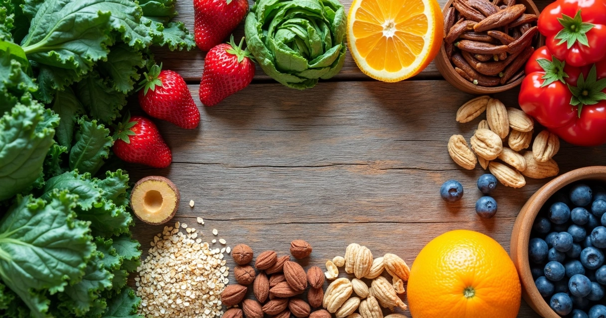 Alimentos frescos como frutas, folhas verdes e oleaginosas organizados sobre uma mesa de madeira