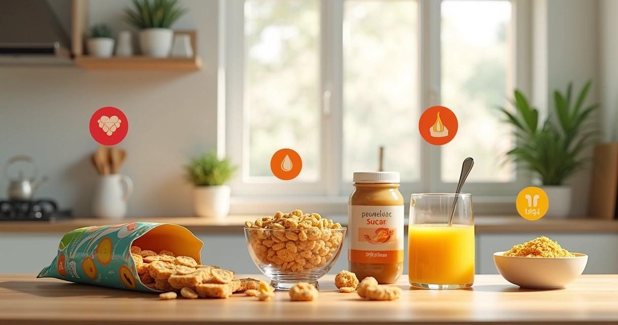 Mesa com alimentos aparentemente saudáveis recebendo marcações de alerta nutricional 