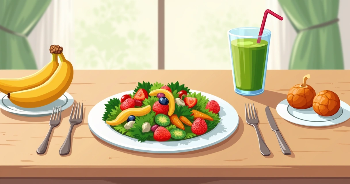 Mesa de cozinha com alimentos saudáveis: salada, banana, amêndoas e smoothie verde.
