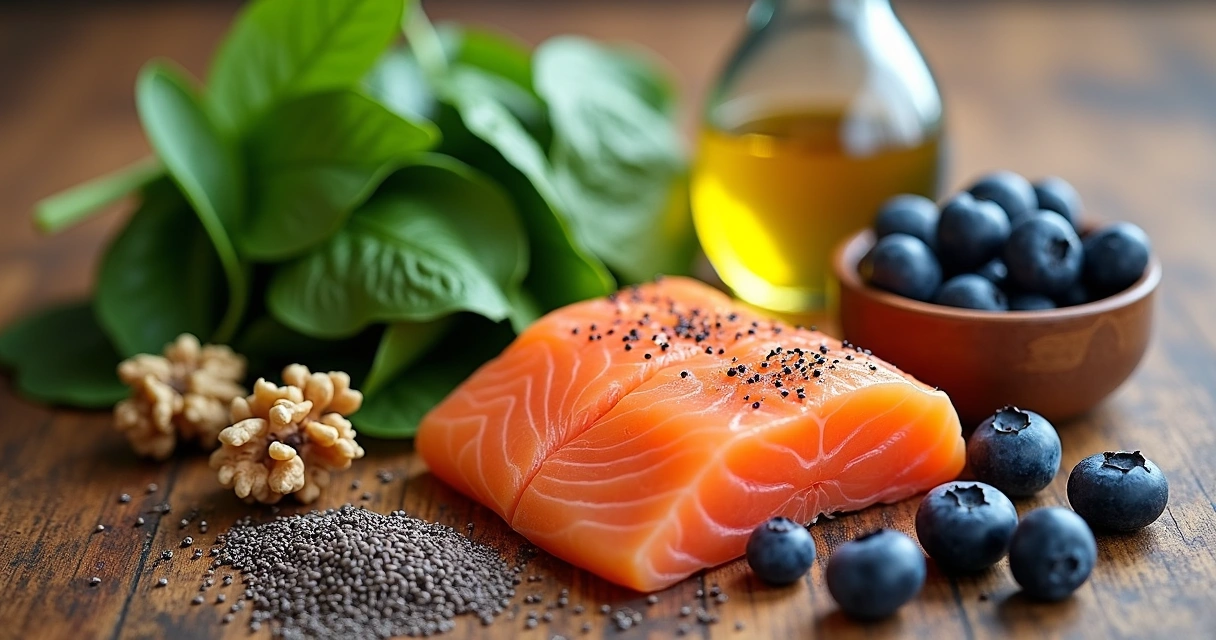 Alimentos variados em mesa de madeira para saúde cerebral na menopausa