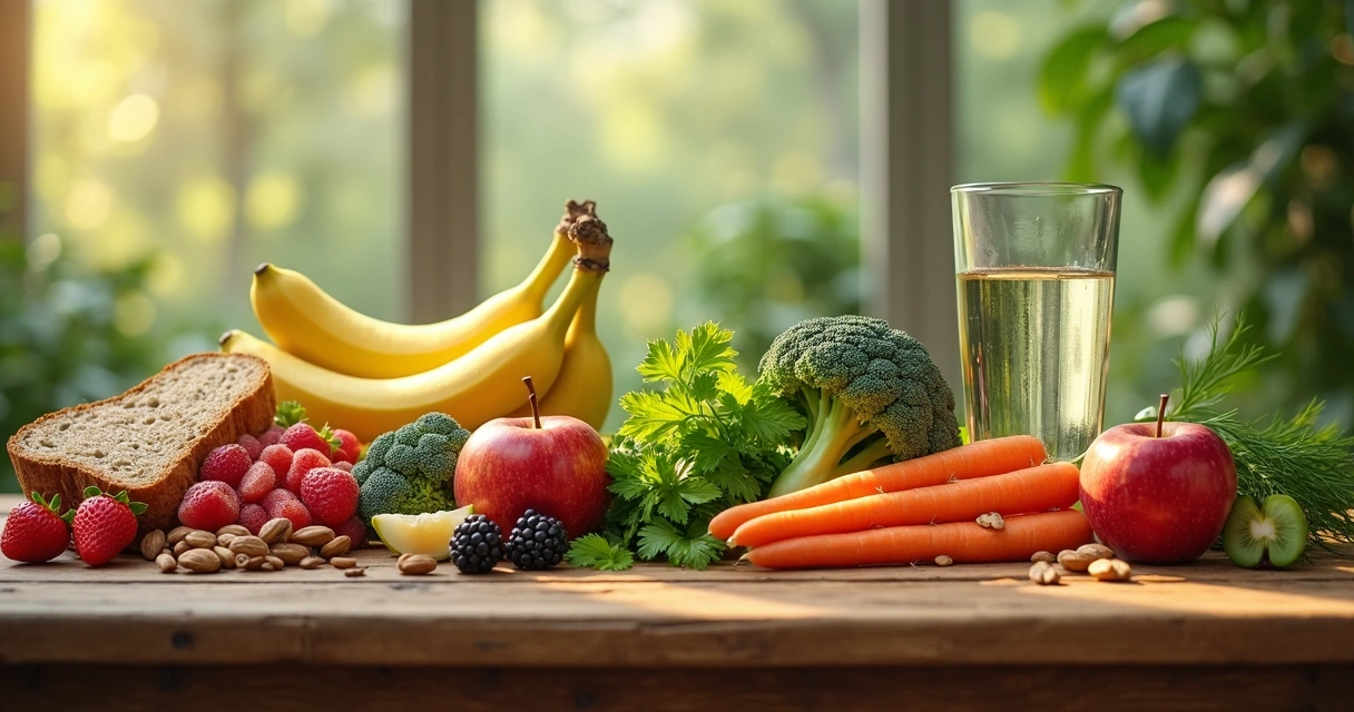 Mesa com alimentos naturais, frutas e vegetais frescos 