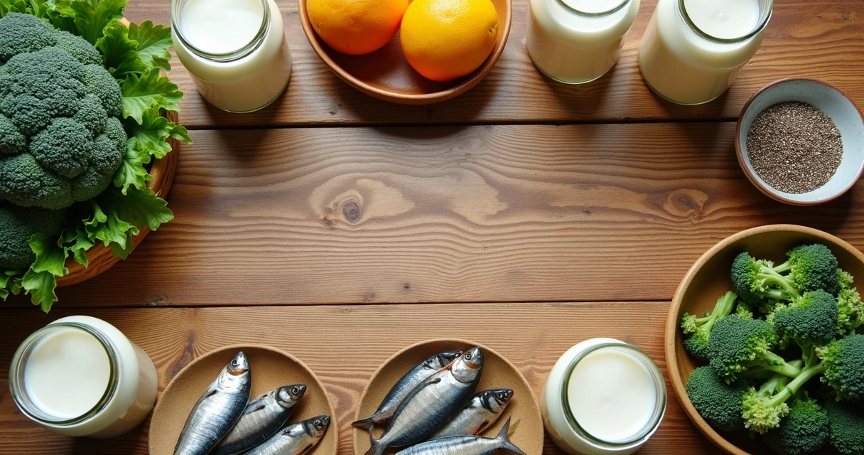 Mesa com alimentos sem lactose e vegetais verdes