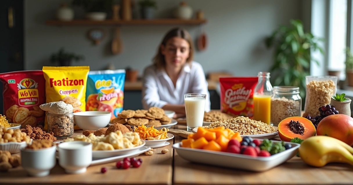 Mesa com alimentos ultraprocessados de um lado e laticínios saudáveis do outro 