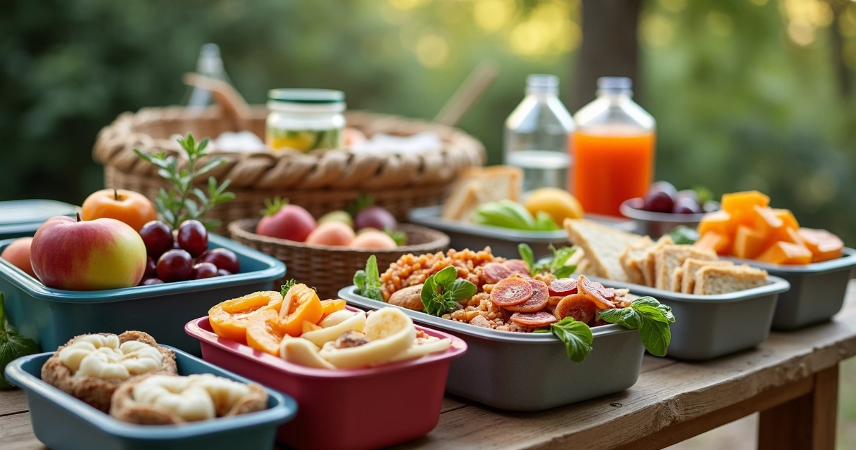 Comida fresca organizada em caixas térmicas, separadas em recipientes práticos sobre uma mesa