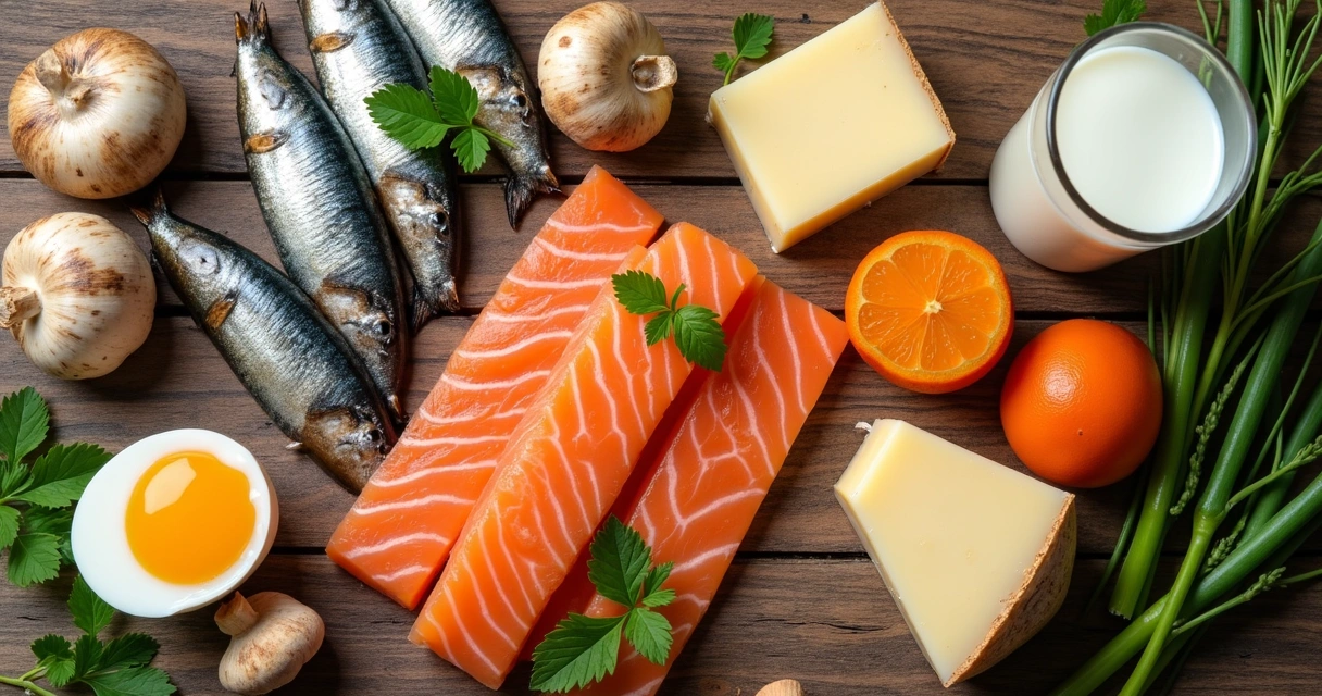 Peixes, ovos, cogumelos e leite em uma mesa 